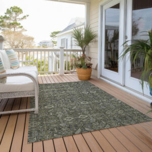 9' X 12' Moss Green and Gray Floral Washable Non Skid Indoor Outdoor Area Rug