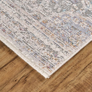 2' X 3' Ivory Gray And Pink Abstract Distressed Area Rug With Fringe