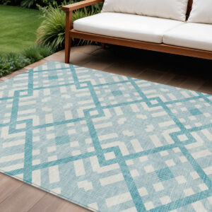 8' X 10' Teal Blue Aqua And Ivory Geometric Washable Indoor Outdoor Area Rug