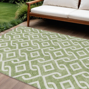 10' X 14' Green And Ivory Geometric Washable Indoor Outdoor Area Rug