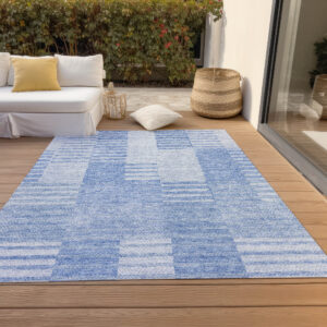 3' X 5' Sky Blue And Denim Blue Striped Washable Indoor Outdoor Area Rug