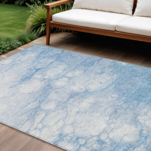 10' X 14' Sky Blue Denim Blue And Silver Abstract Washable Indoor Outdoor Area Rug