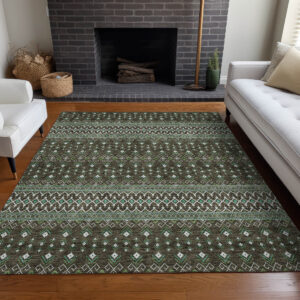 5' X 8' Brown Green And Olive Green Tribal Washable Indoor Outdoor Area Rug