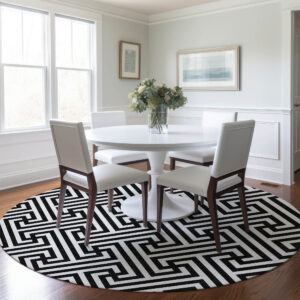 8' Black And Ivory Round Geometric Washable Indoor Outdoor Area Rug