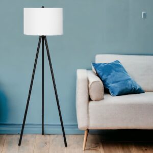 63" Black LED Light Changing Floor Lamp With Cream Fabric Drum Shade