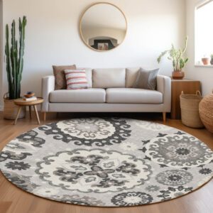 8' Silver Gray And Ivory Round Floral Medallion Washable Indoor Outdoor Area Rug