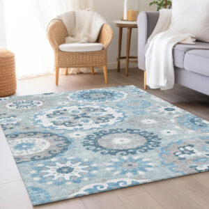 10' X 14' Sky Blue And Denim Blue Floral Medallion Washable Indoor Outdoor Area Rug