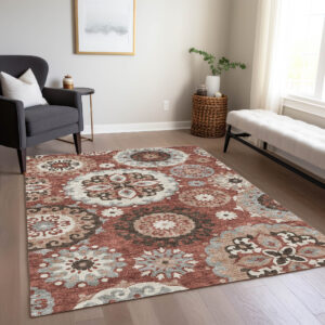 9' X 12' Orange Taupe And Gray Floral Medallion Washable Indoor Outdoor Area Rug
