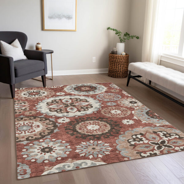 9' X 12' Orange Taupe And Gray Floral Medallion Washable Indoor Outdoor Area Rug