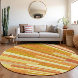8' Orange Salmon And Lime Green Round Striped Washable Indoor Outdoor Area Rug