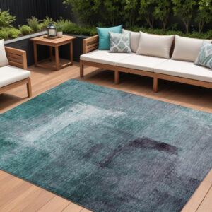 8' X 10' Teal Blue Aqua And Ivory Abstract Washable Indoor Outdoor Area Rug