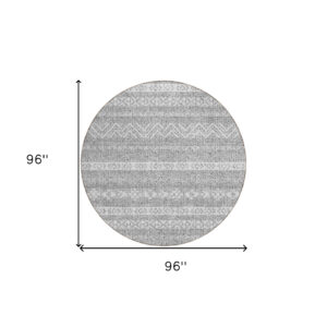 8' Gray And Silver Round Southwestern Washable Indoor Outdoor Area Rug
