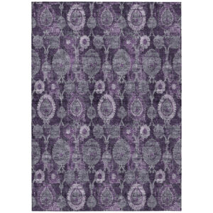 10' X 14' Eggplant Purple And Lavender Damask Washable Indoor Outdoor Area Rug