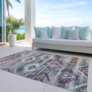 8' X 10' Gray Charcoal And Silver Southwestern Washable Indoor Outdoor Area Rug