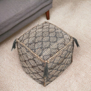 18" Natural Gray And Taupe Jute Cube Trellis Pouf Ottoman