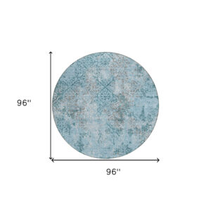 8' Teal Blue Aqua And Gray Round Floral Washable Indoor Outdoor Area Rug