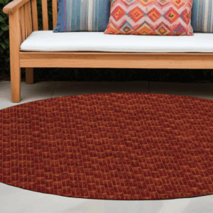 8' Round Burgundy Round Geometric Washable Non Skid Indoor Outdoor Area Rug