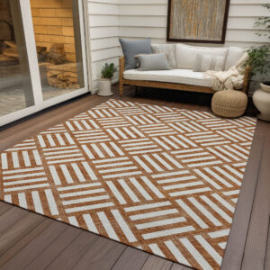 9' X 12' Orange And Ivory Geometric Washable Indoor Outdoor Area Rug