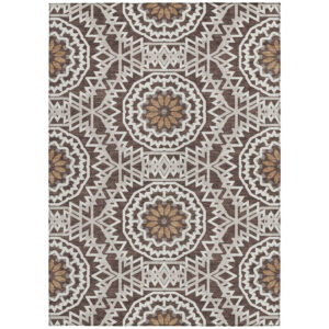 3' X 5' Chocolate Ivory And Taupe Floral Medallion Washable Indoor Outdoor Area Rug