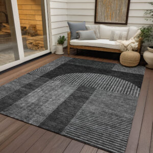 8' X 10' Charcoal Gray And Silver Geometric Washable Indoor Outdoor Area Rug