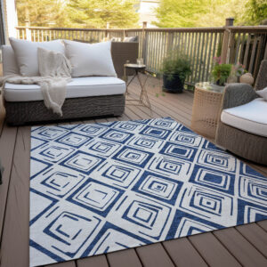 5' X 8' Navy Blue And Ivory Geometric Washable Indoor Outdoor Area Rug