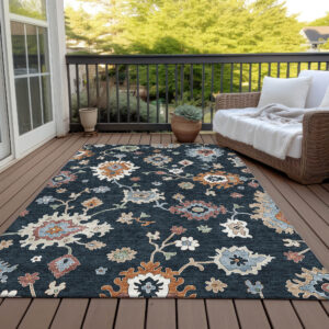 8' X 10' Black Blue And Ivory Floral Washable Indoor Outdoor Area Rug