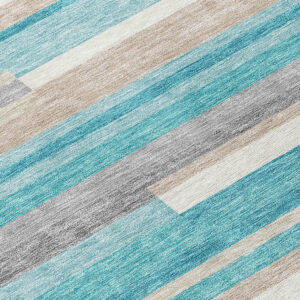 10' X 14' Teal Blue Gray And Beige Striped Washable Indoor Outdoor Area Rug