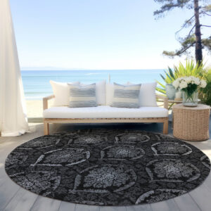 8' Gray Charcoal And Silver Round Medallion Washable Indoor Outdoor Area Rug