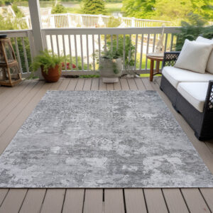 9' X 12' Gray Charcoal And Silver Floral Washable Indoor Outdoor Area Rug