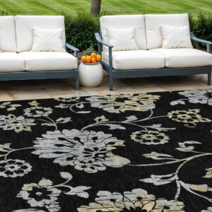 9' X 12' Black Artichoke Green And Silver Floral Washable Indoor Outdoor Area Rug