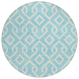 8' Aqua And Ivory Round Geometric Washable Indoor Outdoor Area Rug