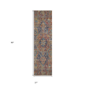 8' Runner Red Orange and Blue Oriental Washable Non Skid Indoor Outdoor Runner Rug