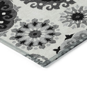3' X 5' Black Gray And Silver Floral Medallion Washable Indoor Outdoor Area Rug