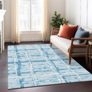 5' X 8' Sky Blue Denim Blue And Ivory Striped Washable Indoor Outdoor Area Rug